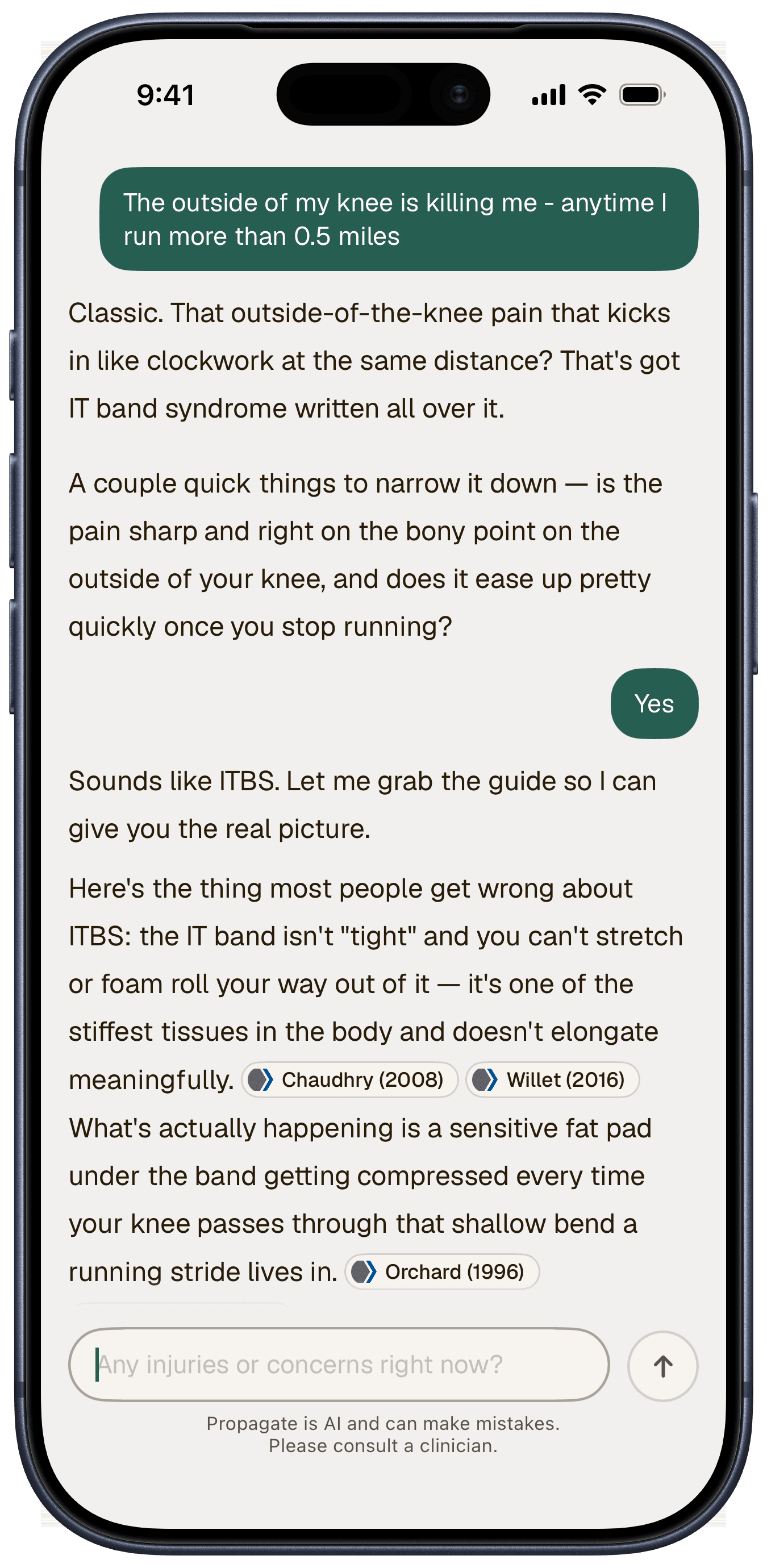 The coach narrowing a runner's outer-knee pain to a likely injury, with its clinical references listed under the answer.