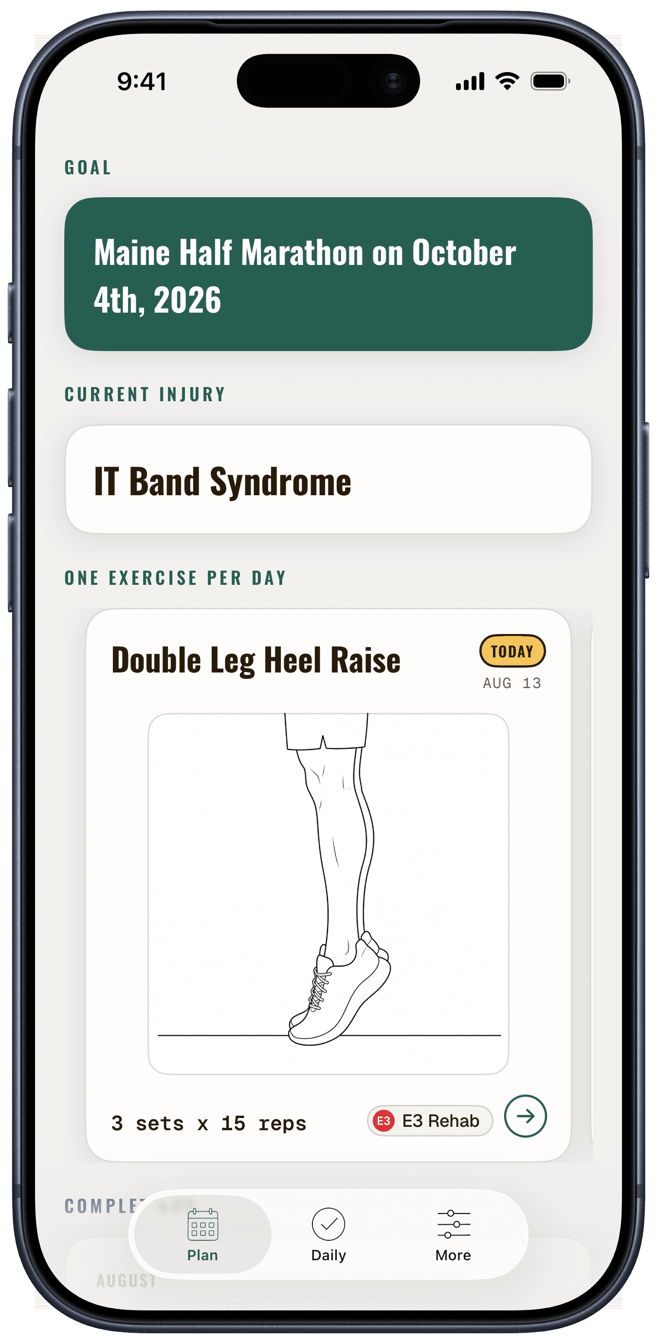 The generated rehab plan, with exercises scheduled against the runner's upcoming race.